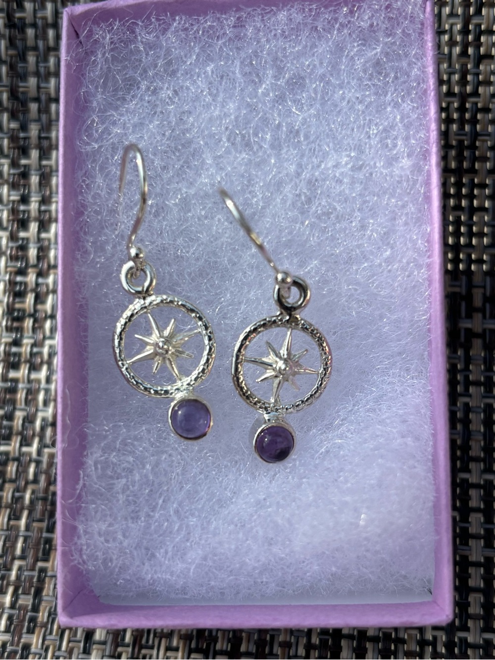 Sterling Silver Starburst Drop Earrings with Amethyst Accent - Purple